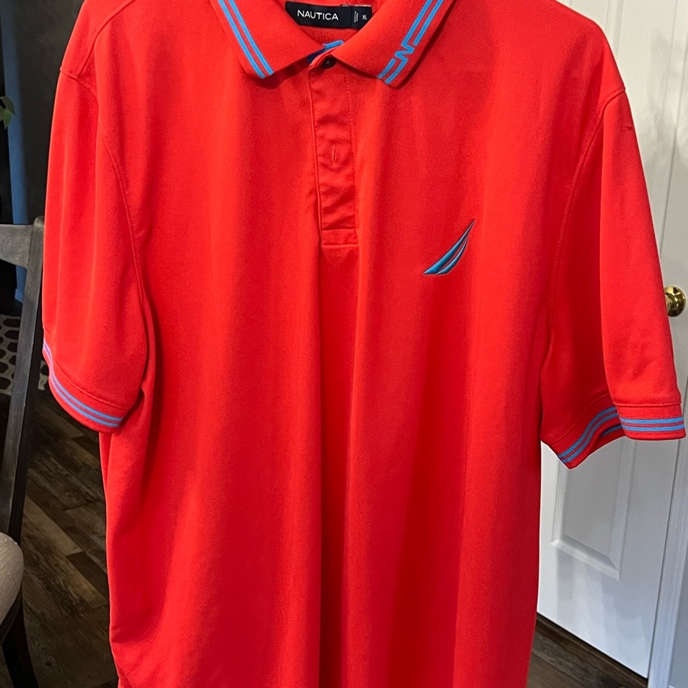 Nautica Men's Bright Red Polo Shirt with Blue Accents